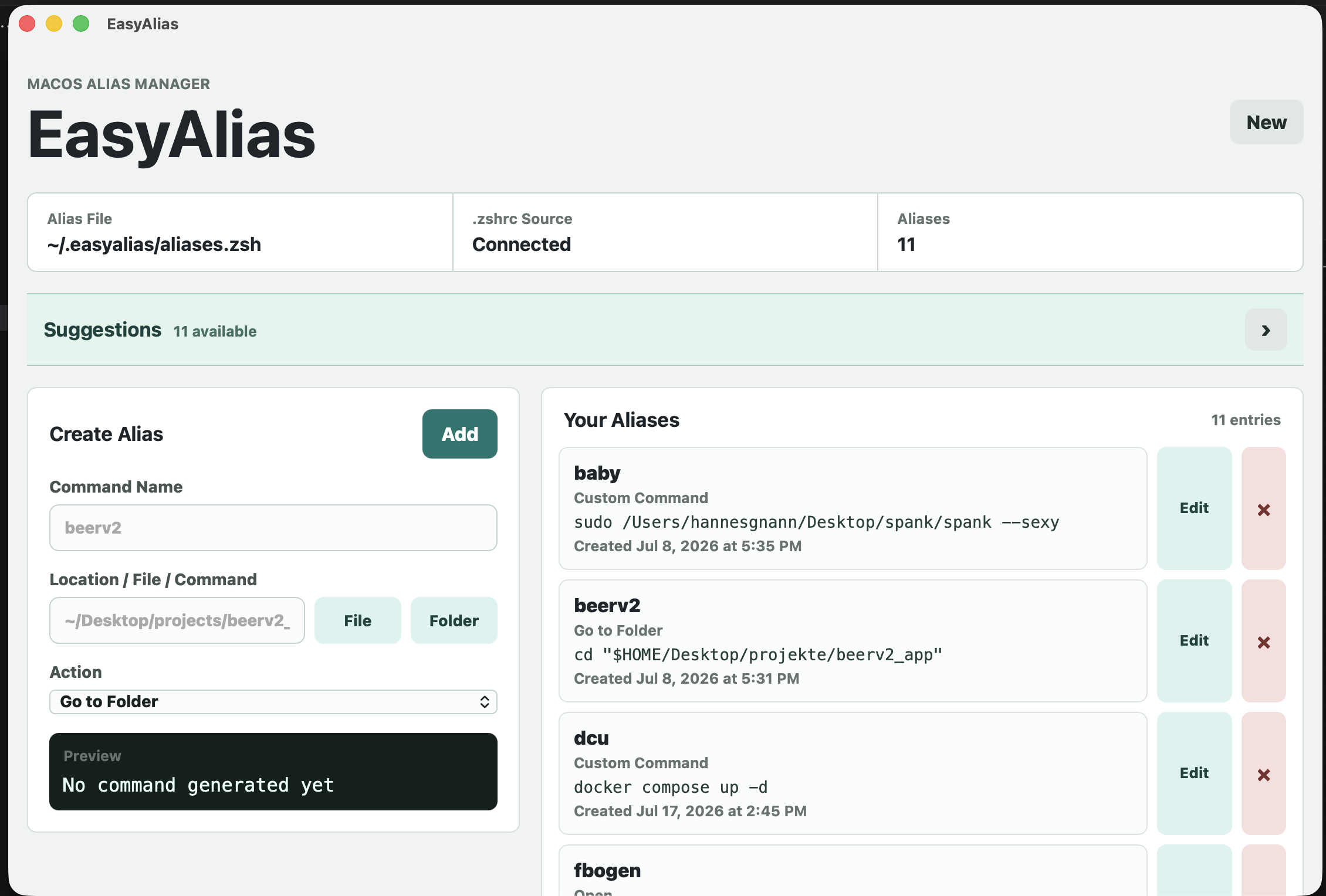 EasyAlias desktop app showing alias creation, suggestions, and generated command previews.