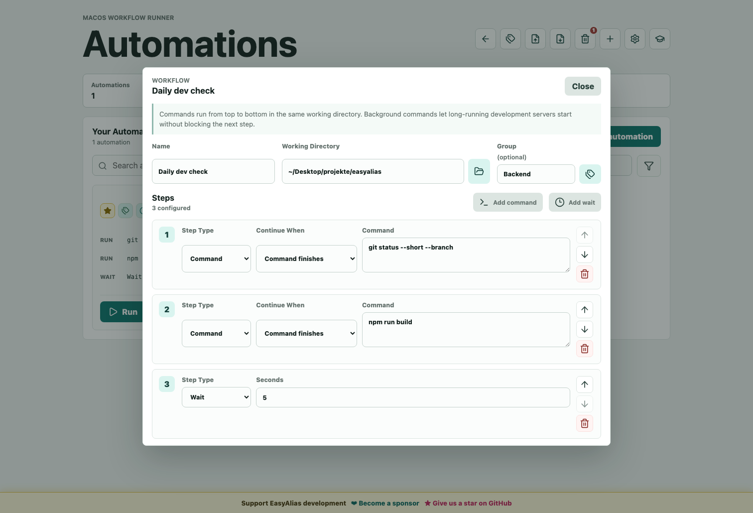 EasyAlias automation editor with command and wait steps in a shared shell session.