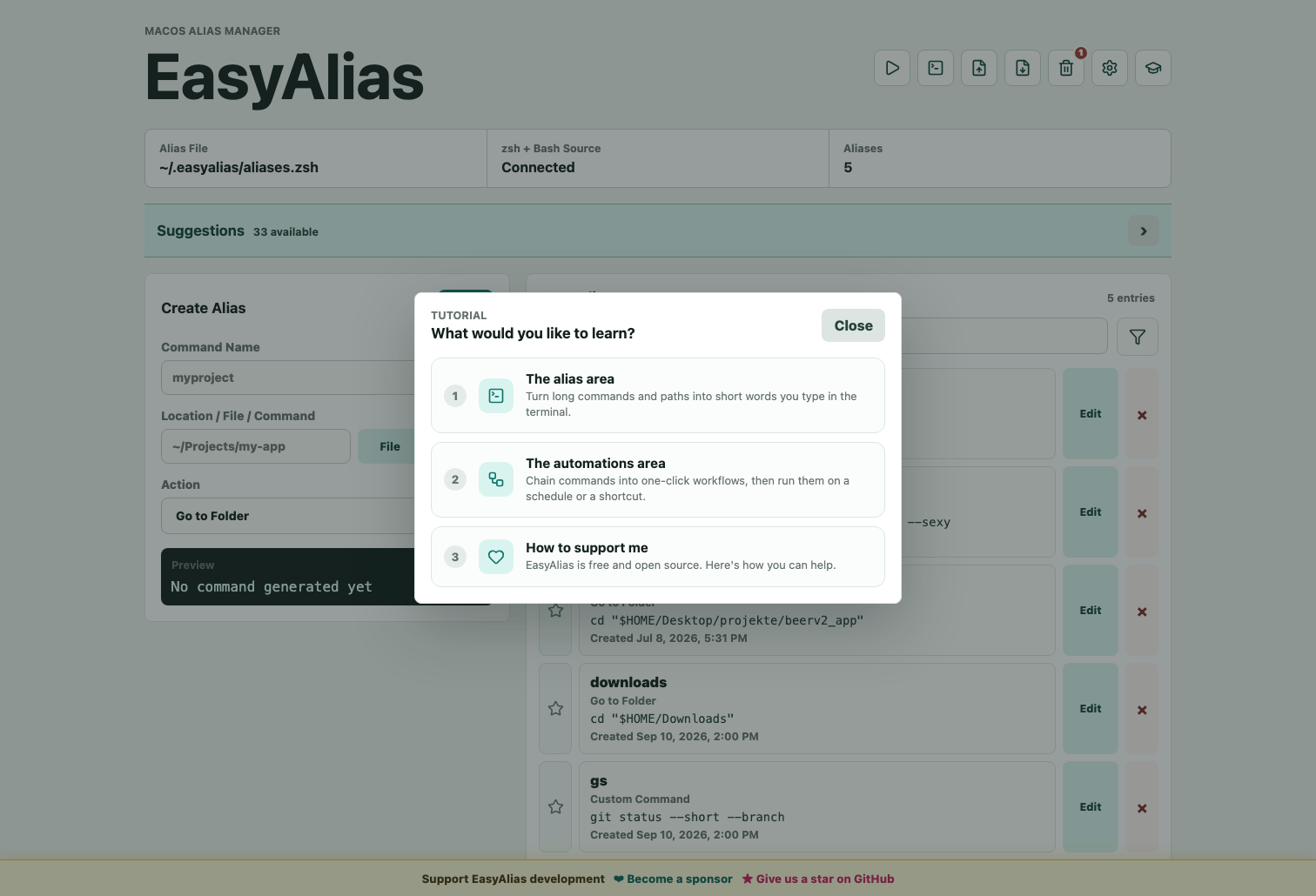EasyAlias built-in tutorial selection.